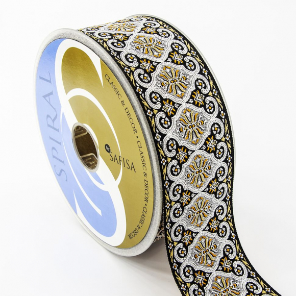 109393_Лента жаккард с люрексом SAFISA, 50 мм, 15 м, цвет 102, черный/серебряный