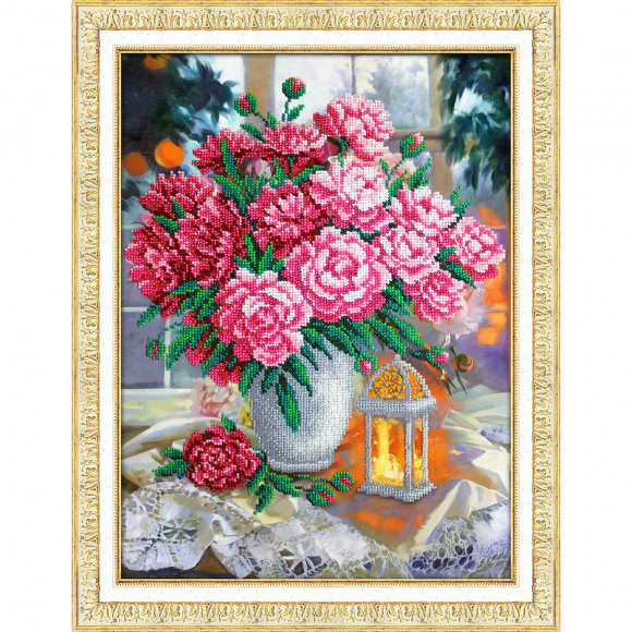 Набор для вышивания бисером ПАУТИНКА арт.Б-1311 Фонарик и пионы 28х38 см