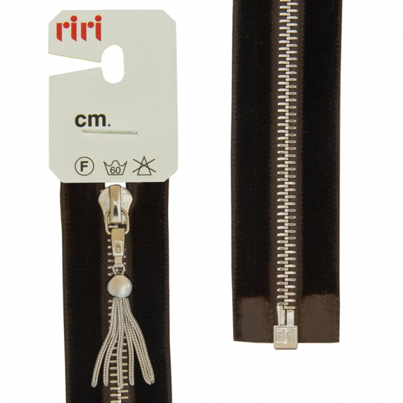 29447_Молния металл, Ni, слайдер Zuff, на бархатной тесьме, 6 мм, разъёмн.1замок,50 см, цвет 2226,коричнев