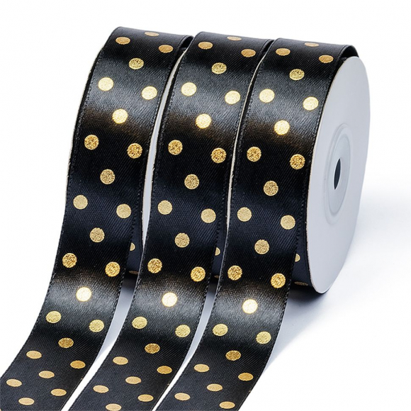 Лента атласная Ideal горошек золото шир.25мм LDAG030 цв.черный уп.27,4м