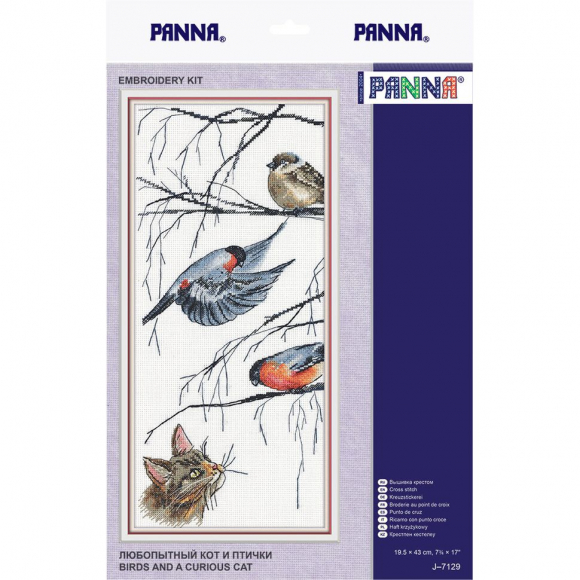Набор для вышивания PANNA арт. J-7129 Любопытный кот и птички 19,5х43 см