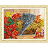 Набор для вышивания бисером ПАУТИНКА арт.Б-1503 Рождественский котик 38х28 см Набор для вышивания бисером ПАУТИНКА арт.Б-1503 Рождественский котик 38х28 см