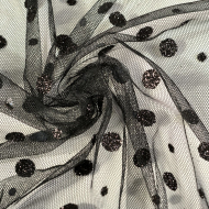 Фатин в горошек(флок) арт.1712 шир.150см 100% полиэстер цв.черный рул.15-28м