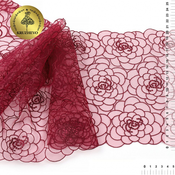 Кружево вышивка на сетке KRUZHEVO арт.TBY.OG47 шир.205мм цв.бордо уп.8м