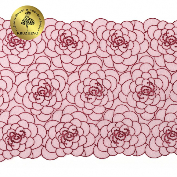 Кружево вышивка на сетке KRUZHEVO арт.TBY.OG47 шир.205мм цв.бордо уп.8м