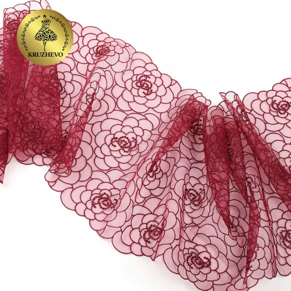 Кружево вышивка на сетке KRUZHEVO арт.TBY.OG47 шир.205мм цв.бордо уп.8м