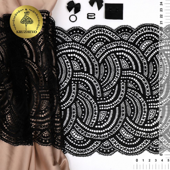 Кружево-стрейч KRUZHEVO арт.TBY.8033 шир.210мм цв.02 черный уп.10м Кружево-стрейч KRUZHEVO арт.TBY.8033 шир.210мм цв.02 черный уп.10м