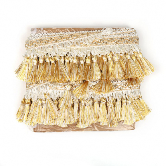 Бахрома для штор с кисточками арт.6152-0327 цв.6343 шир.100мм цв.молочный+золото уп.10м