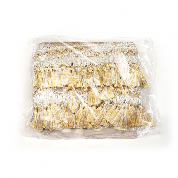 Бахрома для штор с кисточками арт.6152-0327 цв.6343 шир.100мм цв.молочный+золото уп.10м