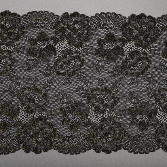 Кружево-стрейч с кордом KRUZHEVO арт.TBY.4129 шир.210 мм цв.черный с золотой нитью уп.10м