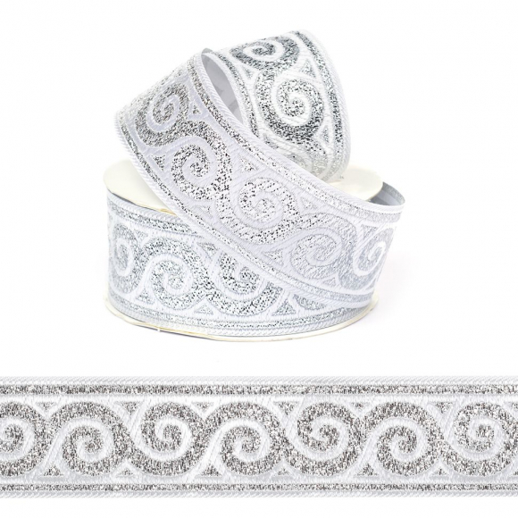 Лента (тесьма) жаккардовая арт.VB.101359 шир. 35мм цв.белый/серебро уп.10 м