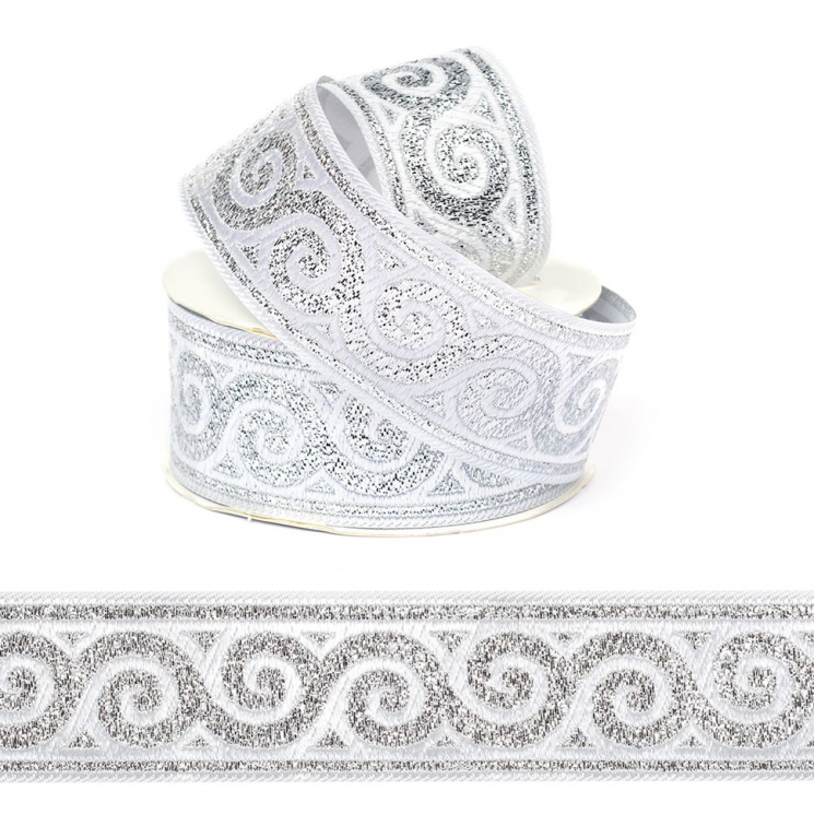 Лента (тесьма) жаккардовая арт.VB.101359 шир. 35мм цв.белый/серебро уп.10 м