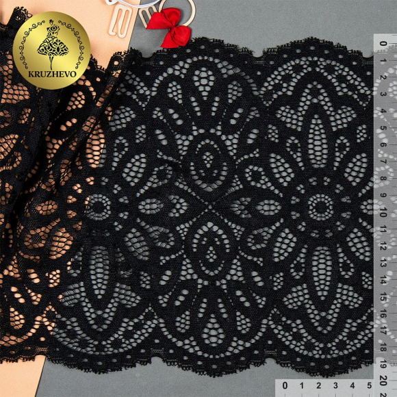 Кружево-стрейч KRUZHEVO арт.TBY.L1189 шир.195мм цв.003 черный уп.25м