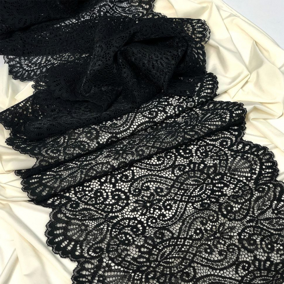 Кружево-стрейч KRUZHEVO арт.TBY.40992 шир.225мм цв.170 черный уп.25м Кружево-стрейч KRUZHEVO арт.TBY.40992 шир.225мм цв.170 черный уп.25м