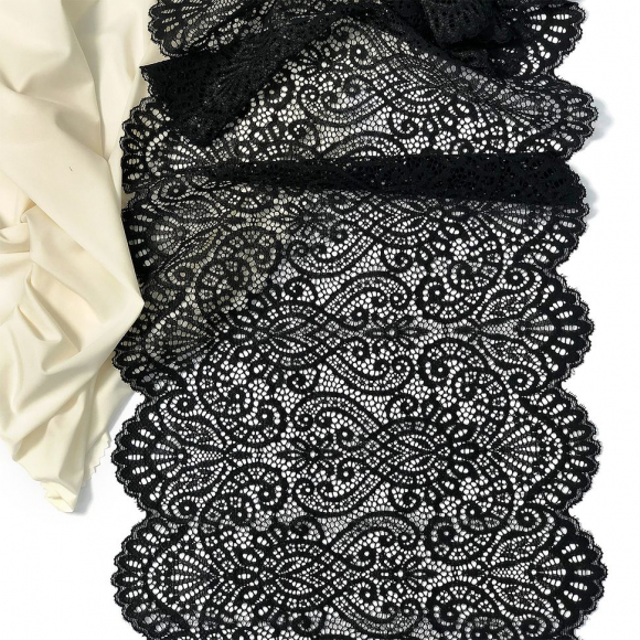 Кружево-стрейч KRUZHEVO арт.TBY.40992 шир.225мм цв.170 черный уп.25м Кружево-стрейч KRUZHEVO арт.TBY.40992 шир.225мм цв.170 черный уп.25м