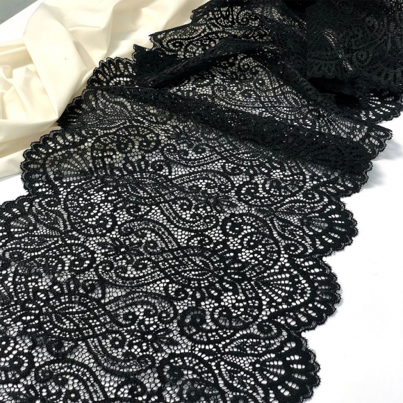 Кружево-стрейч KRUZHEVO арт.TBY.40992 шир.225мм цв.170 черный уп.25м Кружево-стрейч KRUZHEVO арт.TBY.40992 шир.225мм цв.170 черный уп.25м