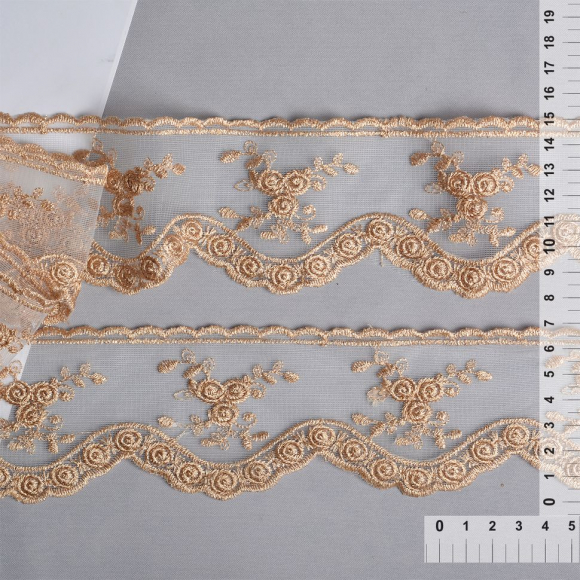 Кружево на сетке арт.TBY.HTEX.09.2 шир.70мм цв.темное золото уп.27,4м Кружево на сетке арт.TBY.HTEX.09.2 шир.70мм цв.темное золото уп.27,4м