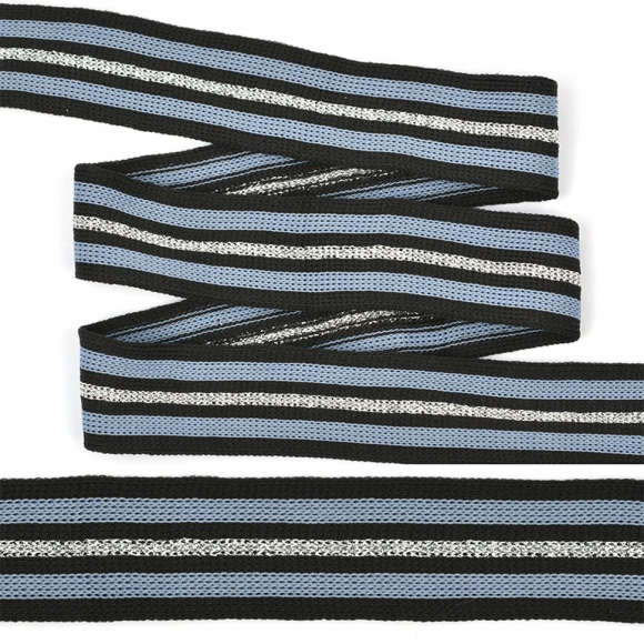 Тесьма TBY трикотажная Лампас KTS4125 шир.25мм цв.черный/голубой/серебро уп.64м