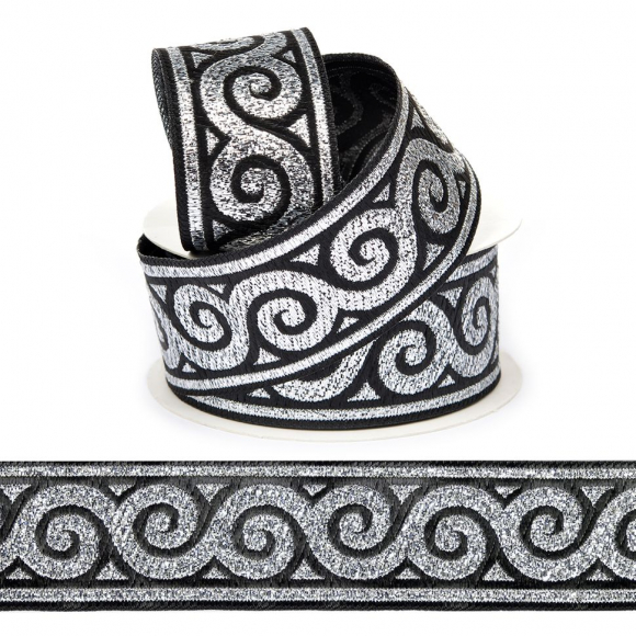 Лента (тесьма) жаккардовая арт.VB.1013510DS шир. 35мм цв.черный/серебро уп.10 м