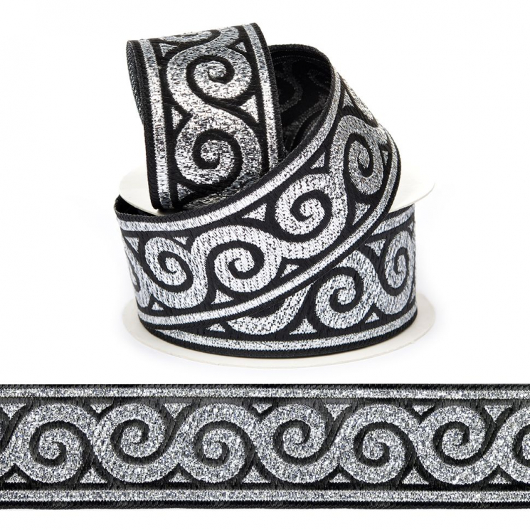 Лента (тесьма) жаккардовая арт.VB.1013510DS шир. 35мм цв.черный/серебро уп.10 м