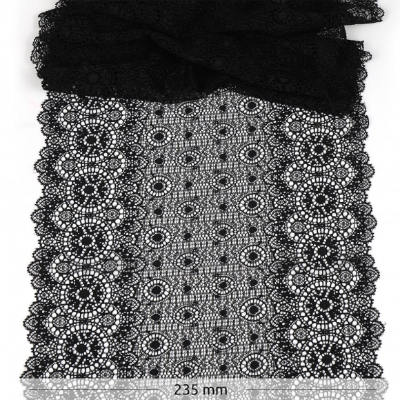 Кружево-стрейч KRUZHEVO арт.TBY.2338 шир.235мм цв.02 черный уп.18м Кружево-стрейч KRUZHEVO арт.TBY.2338 шир.235мм цв.02 черный уп.18м