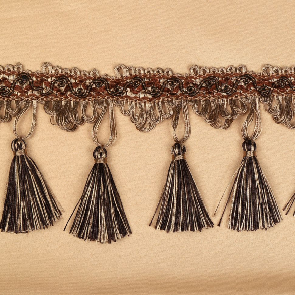 Бахрома для штор с кисточками арт.6152-0327 цв.6458 шир.100мм цв.беж+темно-коричневый уп.10м