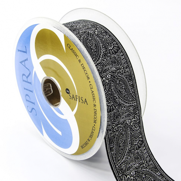 Лента жаккард с люрексом SAFISA, 50 мм, 15 м, цвет 102, черный/серебряный