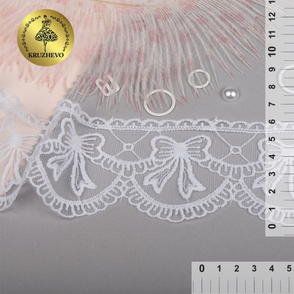Кружево на сетке KRUZHEVO матовая нить с бантиками арт.TBY.635 шир.60мм цв.01 белый уп.13,71м