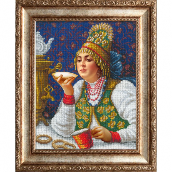 Набор для вышивания бисером РУССКАЯ ИСКУСНИЦА арт.2002 Русская красавица за чаем 27х38 см