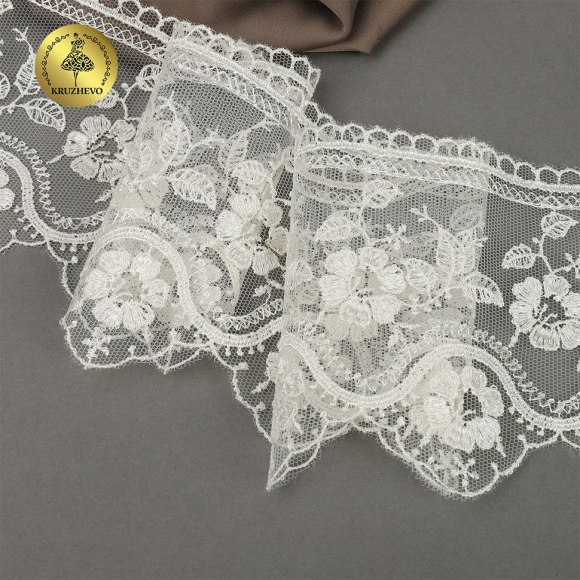 Кружево на сетке KRUZHEVO арт.TR.1111 шир.90мм цв.02 айвори, уп.10м