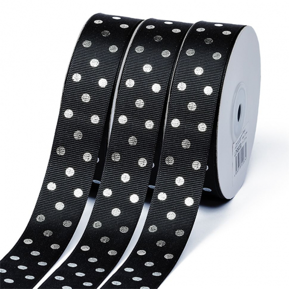 Лента репсовая Горошек серебро шир.25мм LDRS030 цв.черный уп.27,4м Лента репсовая Горошек серебро шир.25мм LDRS030 цв.черный уп.27,4м