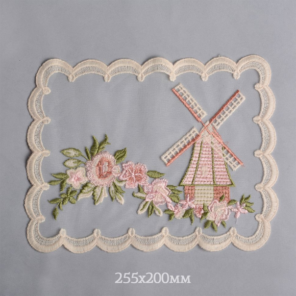 Кружевная вставка на сетке с цветами и мельницей арт.TBY.HTEX.15.2 255х200мм цв.молочный/розовый/зеленый уп.5шт Кружевная вставка на сетке с цветами и мельницей арт.TBY.HTEX.15.2 255х200мм цв.молочный/розовый/зеленый уп.5шт