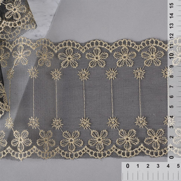 Кружево на сетке арт.TBY 10268C шир.120мм цв.черный/ золото уп.13,71м