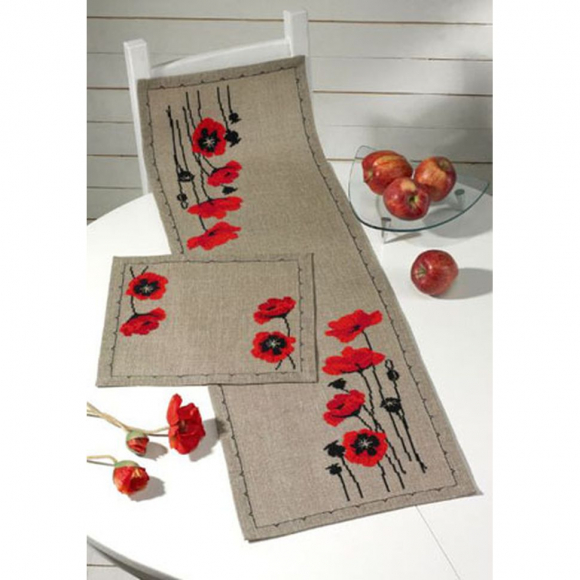 Набор для вышивания PERMIN арт.75-4832 Дорожка Маки на натуральном фоне 36х117 см