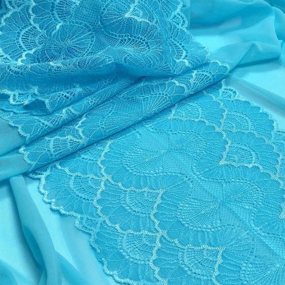 Кружево-стрейч KRUZHEVO арт.TBY.8034 шир.195мм цв.A2201 яркая бирюза уп.10м