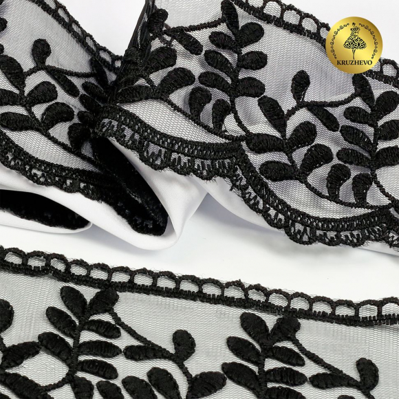 Кружево на сетке KRUZHEVO арт.TBY.40474 шир.85мм цв.черный уп.13,7м