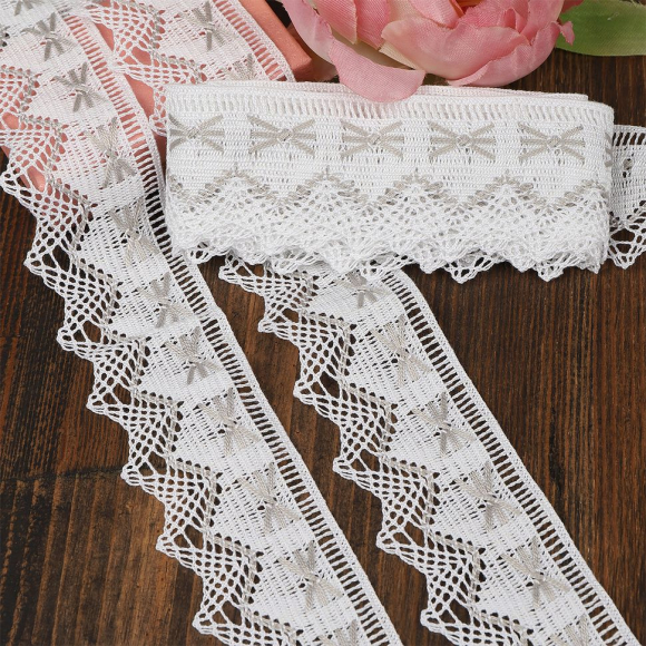 Кружево из мерсеризованного хлопка KRUZHEVO 37мм арт.TR.K-10034 цв.белый+серый, уп.3м
