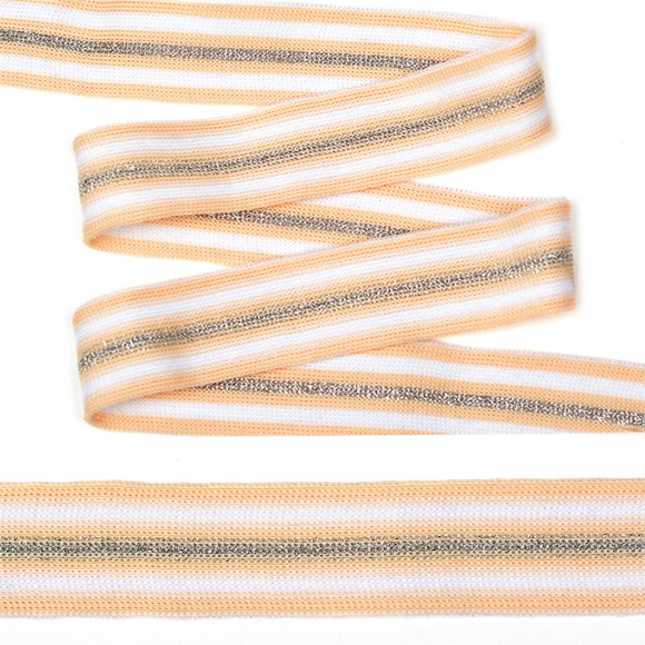 Тесьма TBY трикотажная Лампас KTS2825 шир.25мм цв.бежевый/белый/серебро уп.10м
