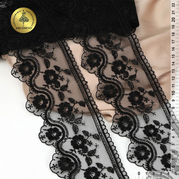 Кружево на сетке KRUZHEVO арт.TR.1111 шир.90мм цв.05 черный, уп.10м