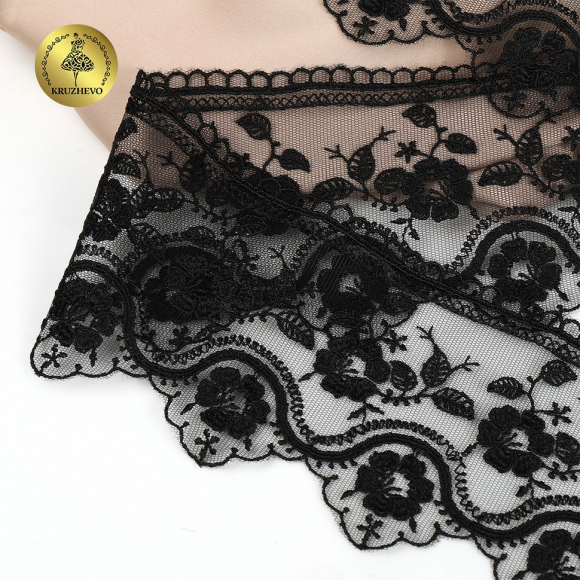 Кружево на сетке KRUZHEVO арт.TR.1111 шир.90мм цв.05 черный, уп.10м