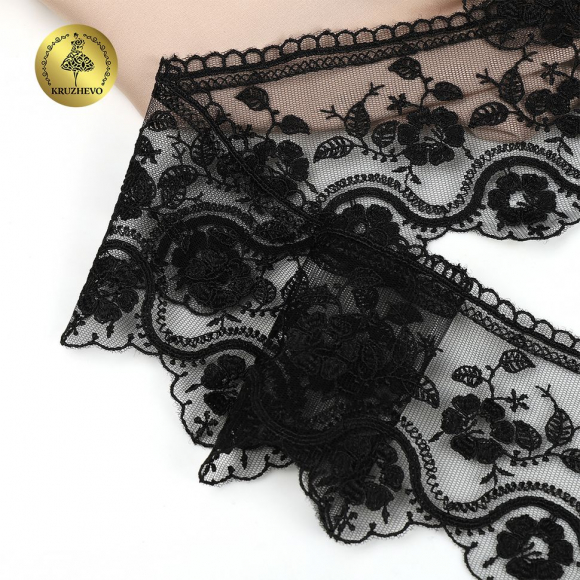 Кружево на сетке KRUZHEVO арт.TR.1111 шир.90мм цв.05 черный, уп.10м