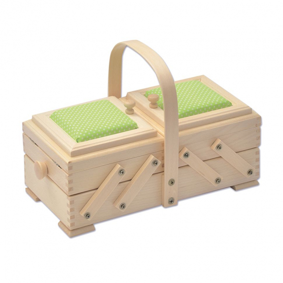 77680_Шкатулка для рукоделия, бук, 2 этажа, светлый, с салатовой игольницей