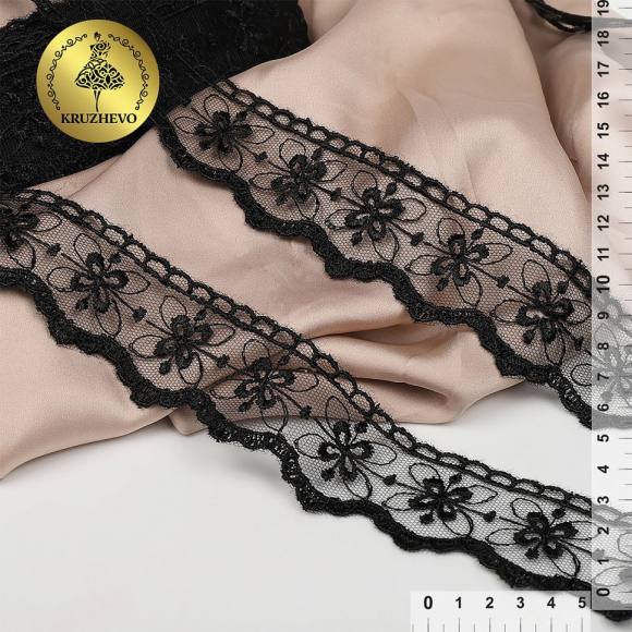 Кружево на сетке KRUZHEVO арт.TR.2106 шир.35мм цв.04 черный уп.10м