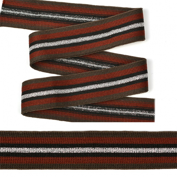 Тесьма TBY трикотажная Лампас KTS2925 шир.25мм цв.коричневый/красный/черный/серебро уп.10м