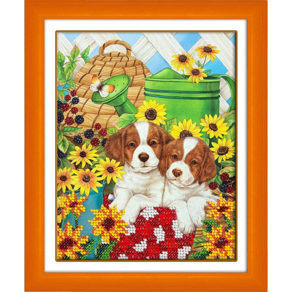 Набор для вышивания бисером ПАУТИНКА арт.Б-559 Щенята в цветах 14х18 см