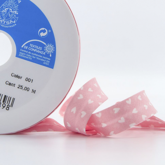 Косая бейка декоративная "сердечки", 18 мм, цвет розовый