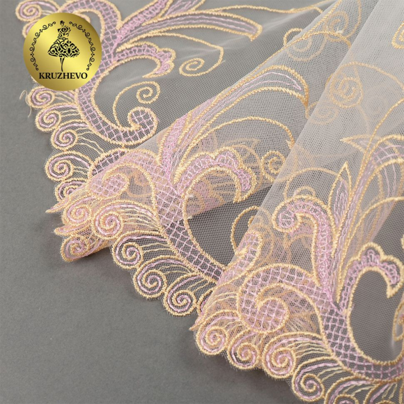 Кружево вышивка на сетке KRUZHEVO арт.TBY.OG42 шир.190мм цв.светло-бежевый, левая уп.6м