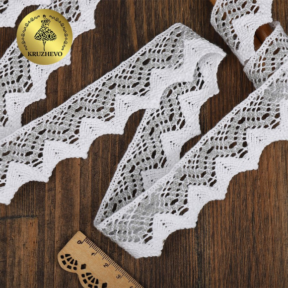 Кружево хлопковое KRUZHEVO 37 мм TR.K-108122 цв.01 белый с серым уп.10м