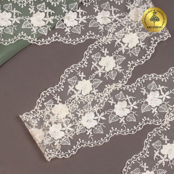 Кружево на сетке KRUZHEVO арт.TBY.40479 шир.90мм цв.W0115 молочный уп.13,7м