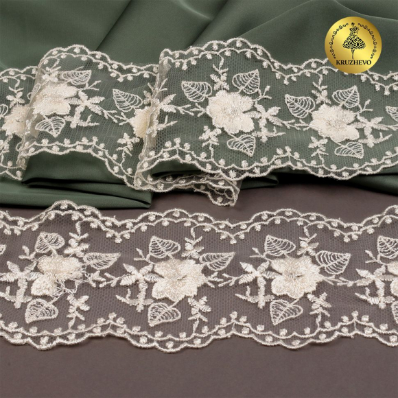 Кружево на сетке KRUZHEVO арт.TBY.40479 шир.90мм цв.W0115 молочный уп.13,7м
